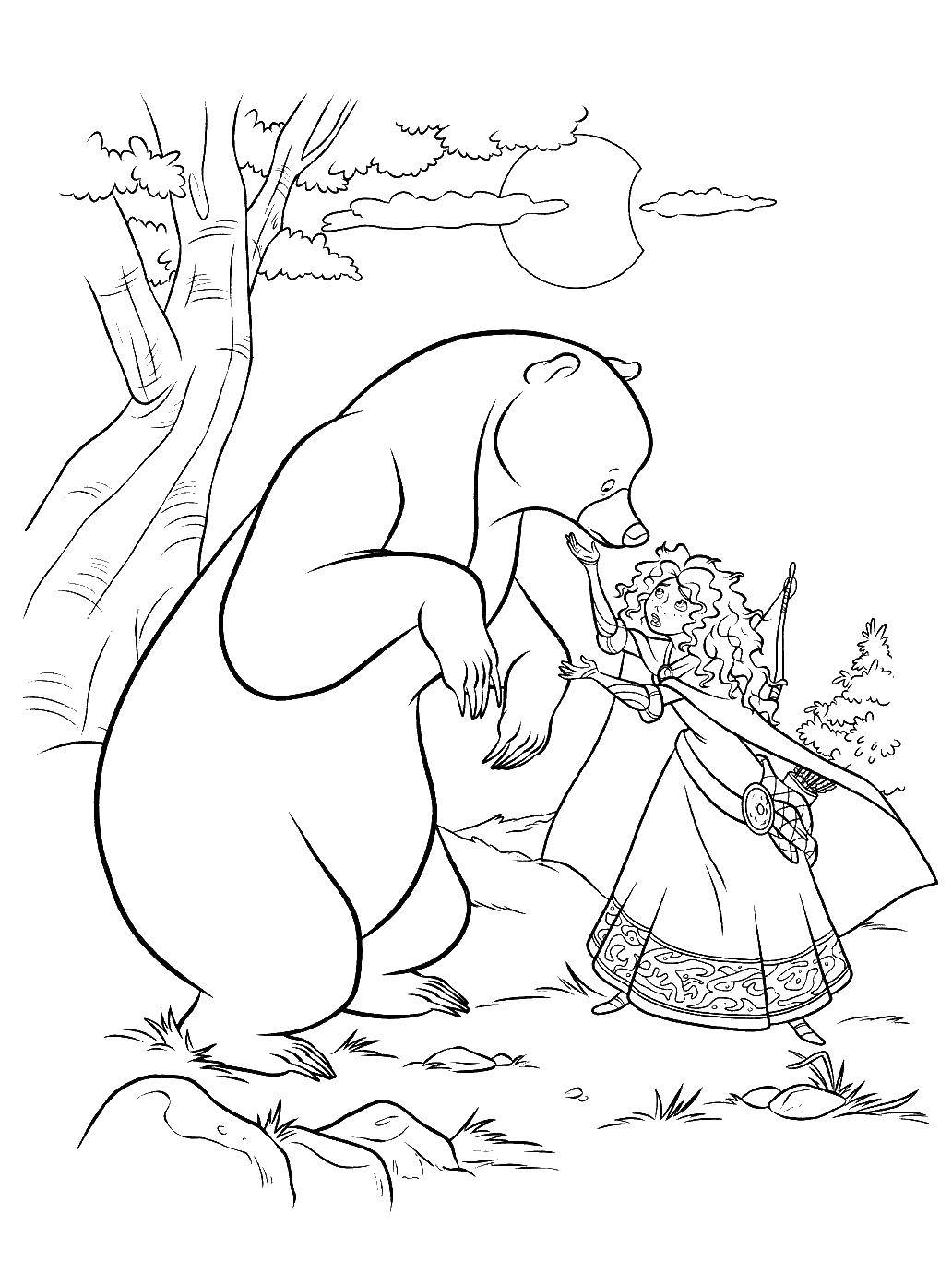 Название: Раскраска Медведь и принцесска. Категория: храбрая сердцем. Теги: Храбрая сердцем, мультфильмы, принцесса, медведь.