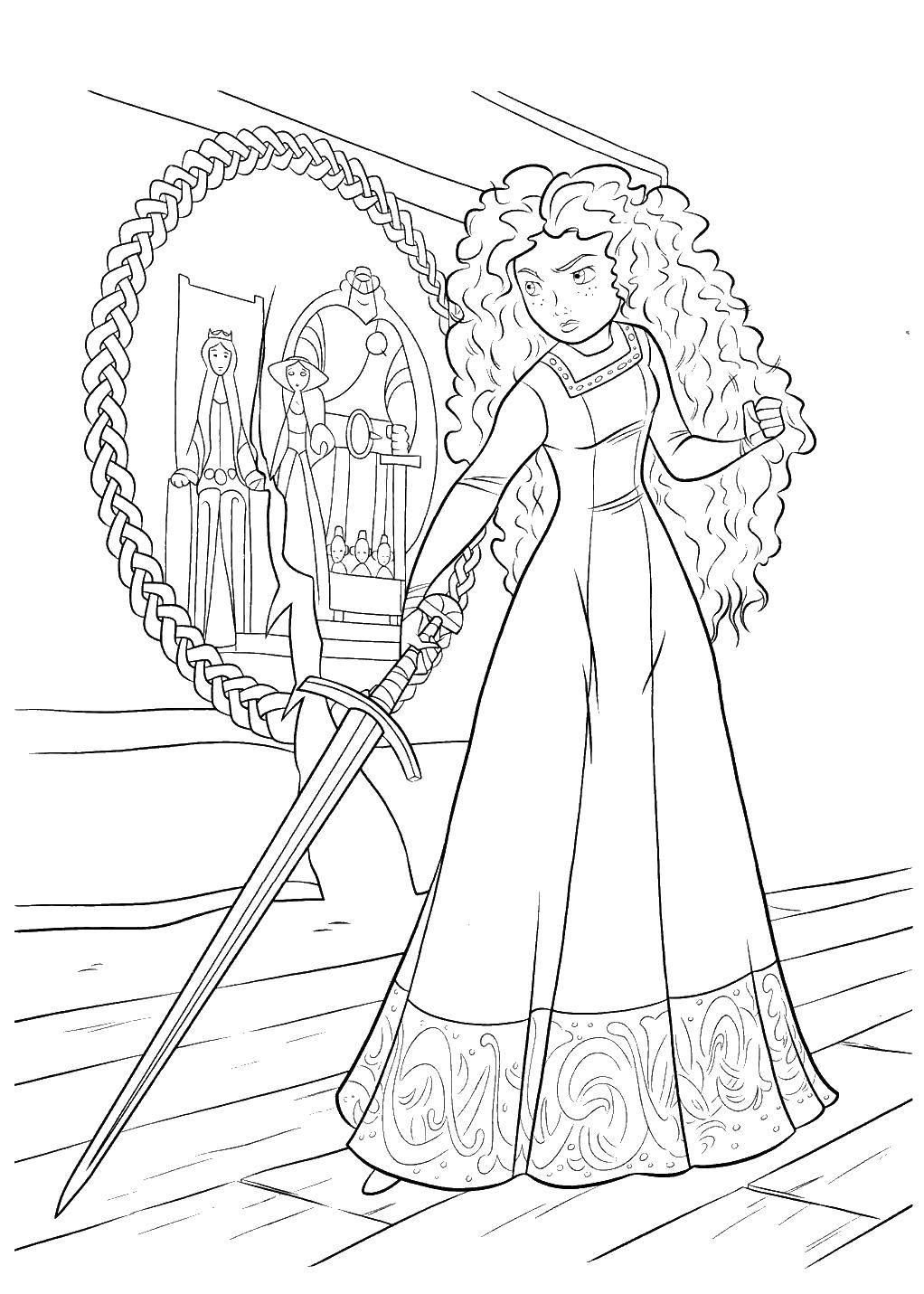 Название: Раскраска Мерида с мечом. Категория: храбрая сердцем. Теги: Мерида, девочка, меч.