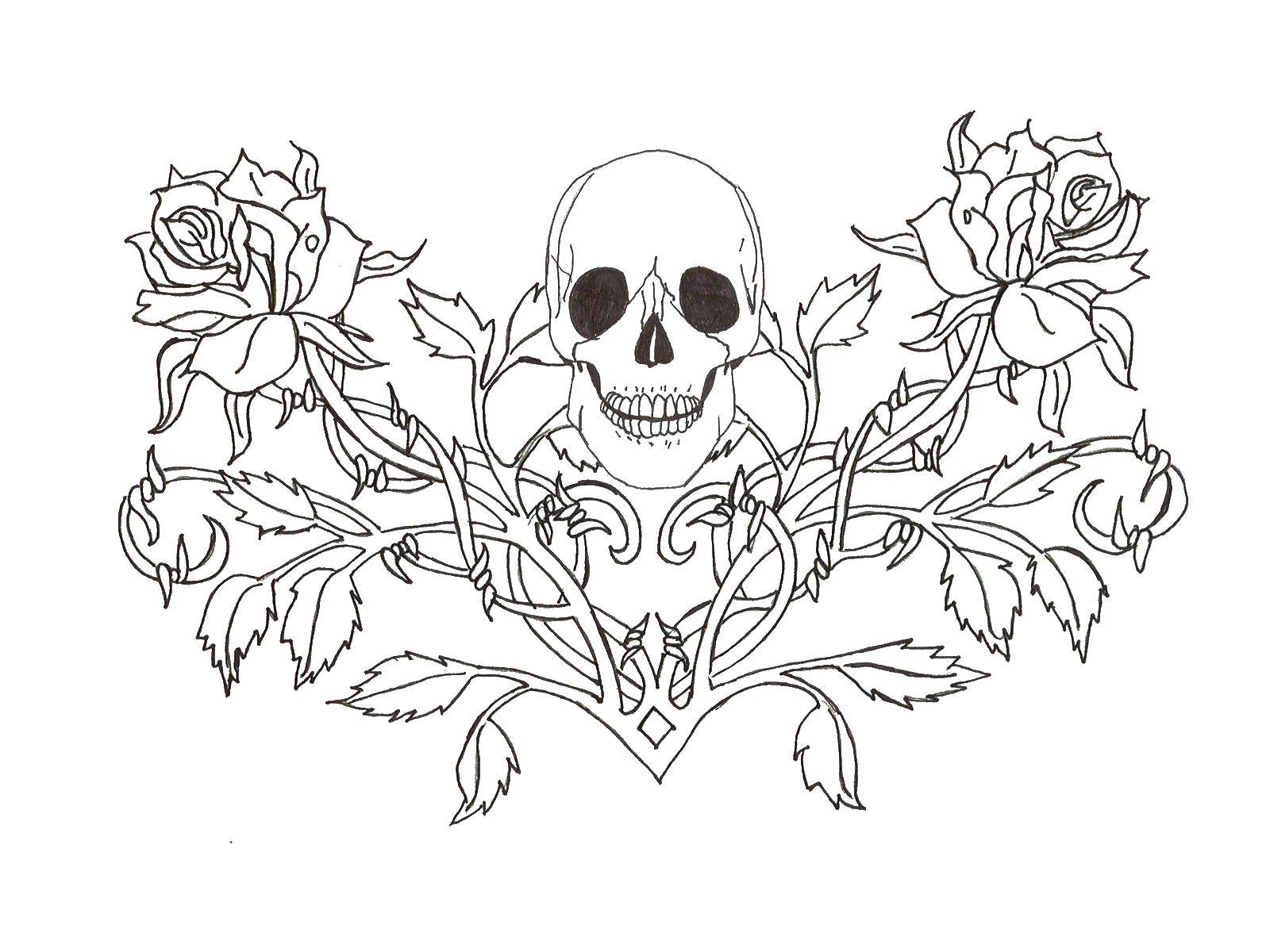 Название: Раскраска Череп в узорах и розах. Категория: череп. Теги: череп, узоры, розы.
