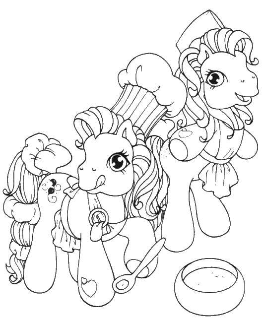 Название: Раскраска Пони повара. Категория: мой маленький пони. Теги: пони, колпаки, кастрюля, ложка.
