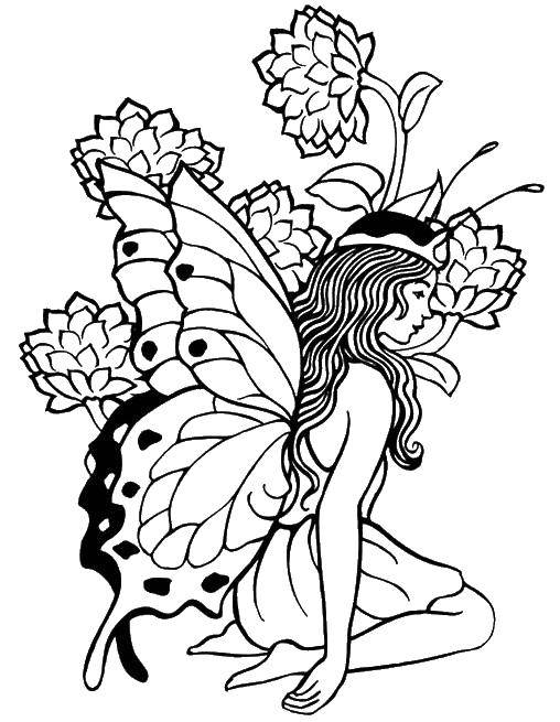 Coloring Fairy and flower. Category Fantasy. Tags:  fairy, flowers, wings.