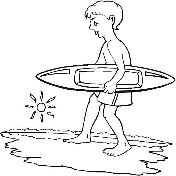 Название: Раскраска Мальчик с доской для серфинга. Категория: Пляж. Теги: пляж, серфинг, море.