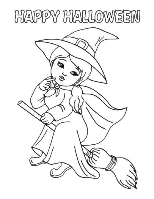 Coloring Cute witch on a broom. Category witch. Tags:  witches broom, Halloween.
