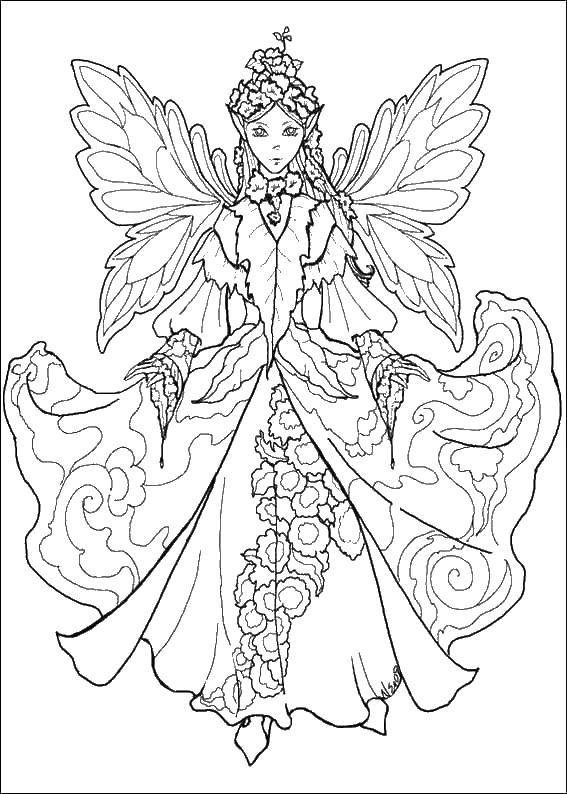 Название: Раскраска Прекрасная фея с крыльями и в красивом платье. Категория: раскраски. Теги: крылья, феи, фея.
