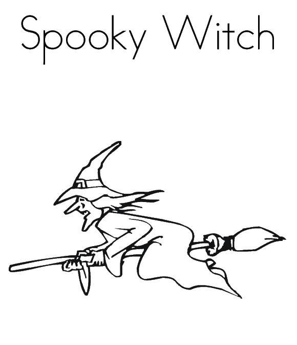 Coloring Witch flying on a broom. Category witch. Tags:  witch, broom, Halloween.