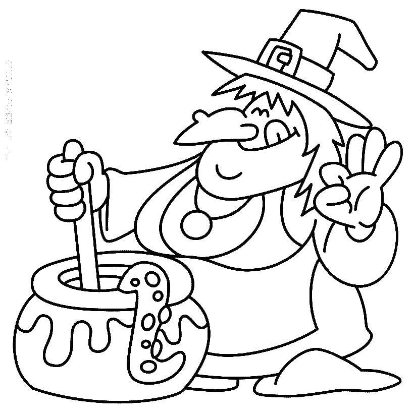 Coloring Witch with cauldron. Category witch. Tags:  witch, cauldron.