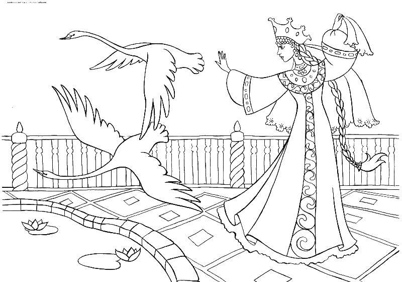Название: Раскраска Лебеди и принцесса. Категория: Принцессы. Теги: принцесса, царевна, сказка, лебеди.