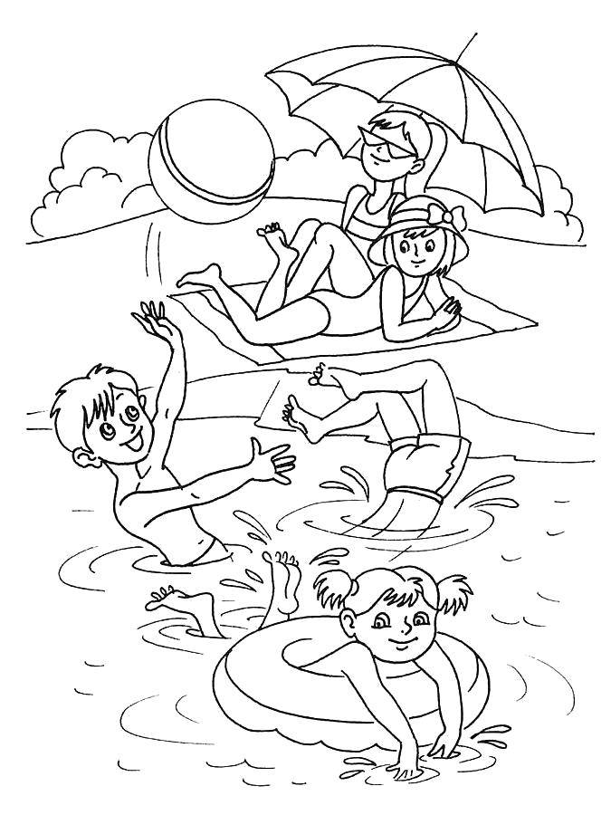 Название: Раскраска Дети отдыхают на пляже и играют в воде. Категория: Пляж. Теги: Пляж, лето, солнце, игры, вода, веселье, дети, мяч.