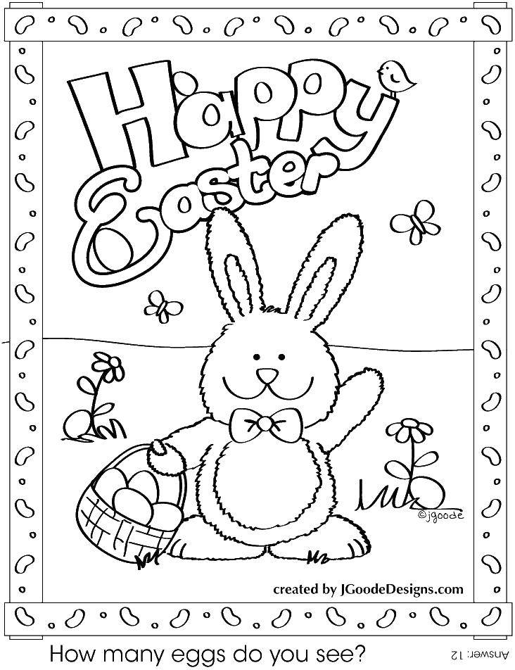 Название: Раскраска Кролик с корзиной яиц. Категория: кролик. Теги: Пасха, праздник, яйца, корзинка.