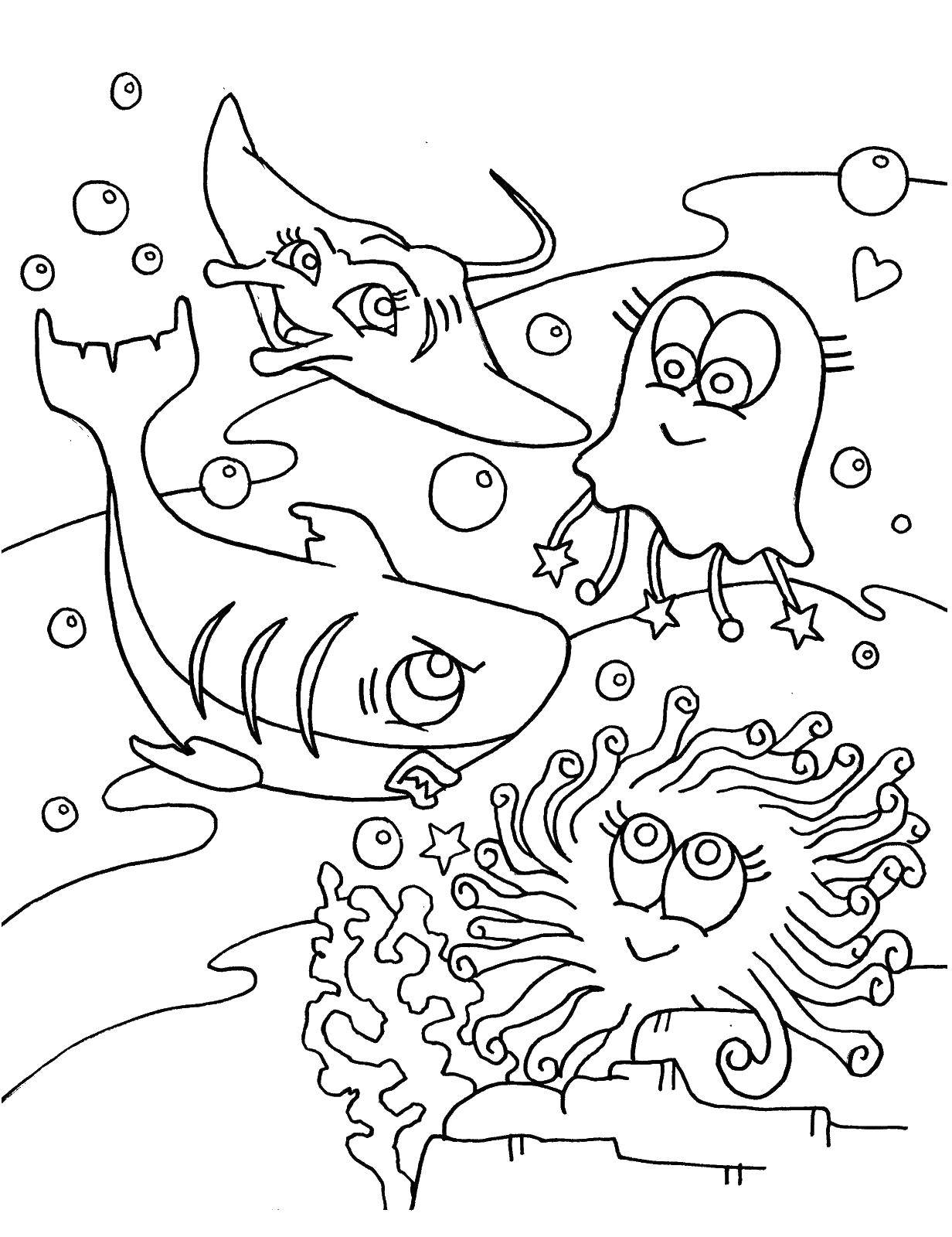 Название: Раскраска Осьминог, акула, медуза и скат играют под водой. Категория: рыбы. Теги: Подводный мир, акула, скат, медуза, осьминог.