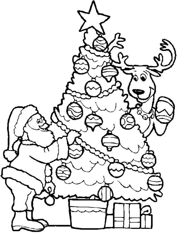 Название: Раскраска Санта и олень наряжают елку. Категория: рождество. Теги: Рождество, елка, Санта, олень.
