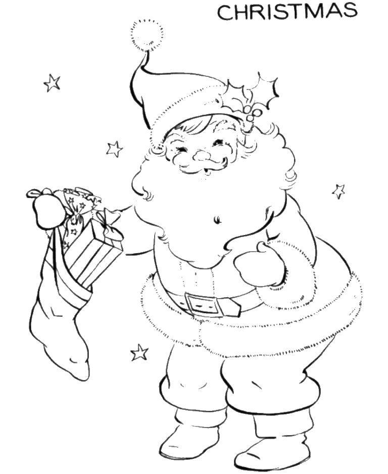 Название: Раскраска Санта клаус с носком и подарками. Категория: рождество. Теги: рождество, Санта Клаус, новый год.