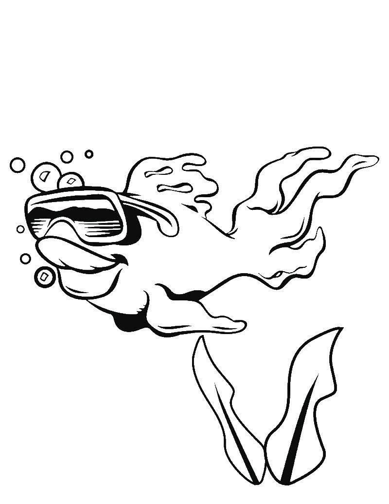 Название: Раскраска Золотая рыбка в очках. Категория: рыбы. Теги: Подводный мир, рыба, пузыри.