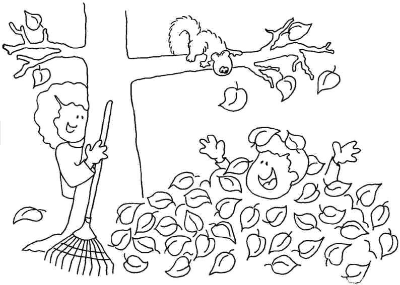 Название: Раскраска Белка наблюдает, как дети убирают листья. Категория: лес. Теги: Лес, осень, листья, дети, деревья, белка, грабли.