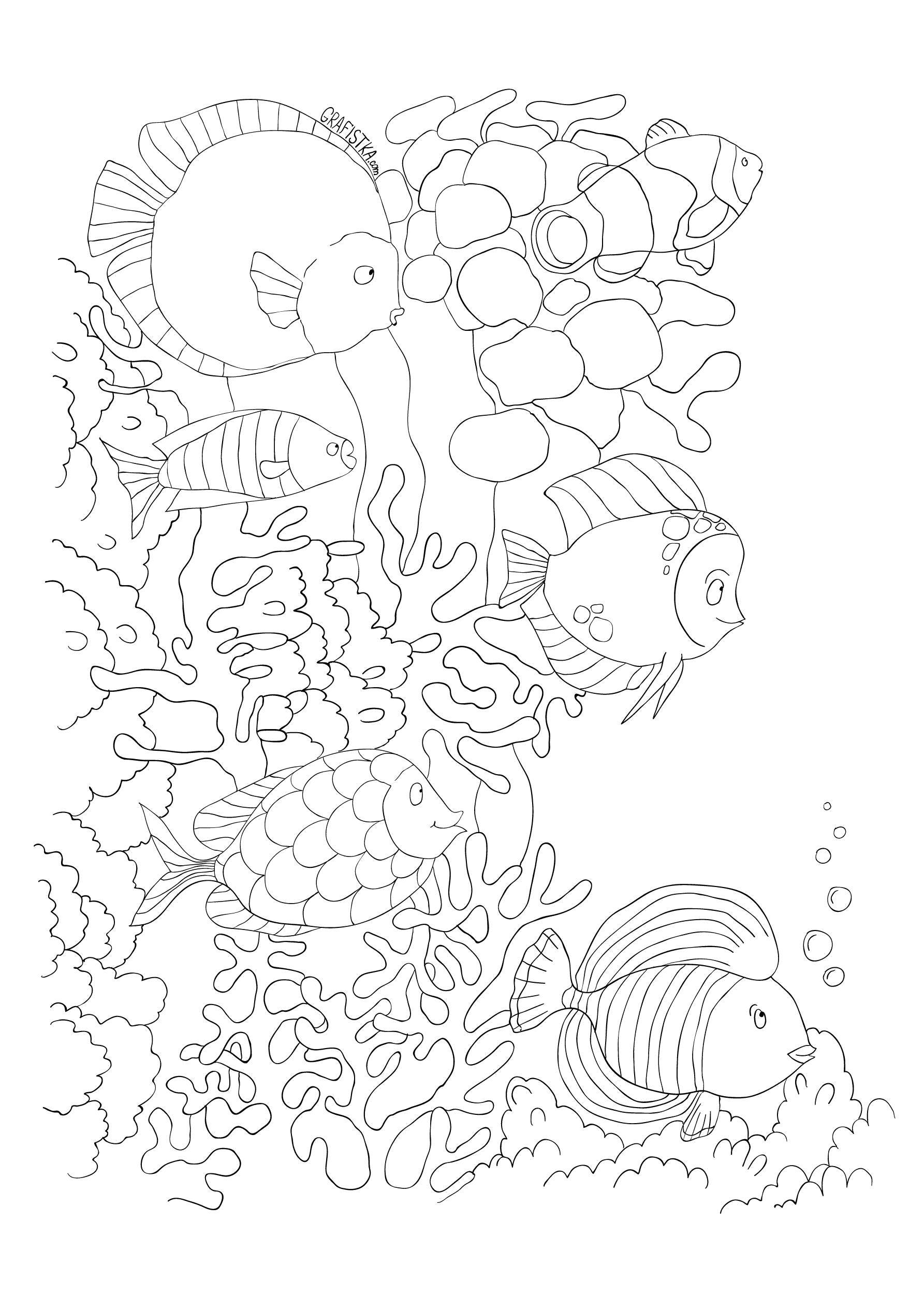 Название: Раскраска Различные виды рыб плавают у кораллов. Категория: рыбы. Теги: Подводный мир, рыба.