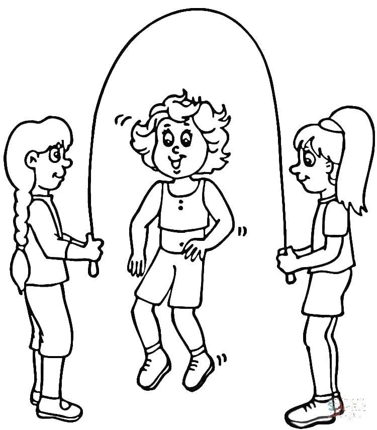 Название: Раскраска Девочки со скакалкой. Категория: Прыжок. Теги: пряжки, девочка, скакалка.