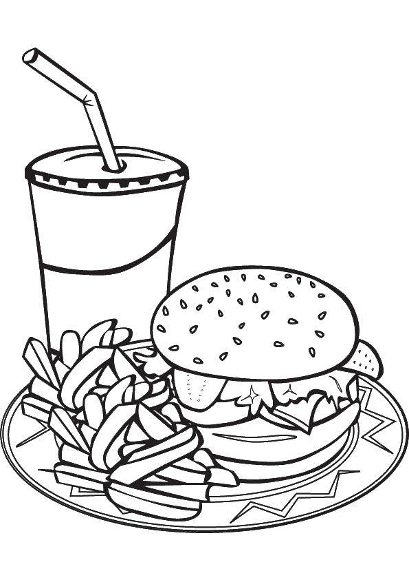 Розмальовки  Гамбургер з фрі і напій. Завантажити розмальовку їжа, фастфуд.  Роздрукувати ,Їжа,