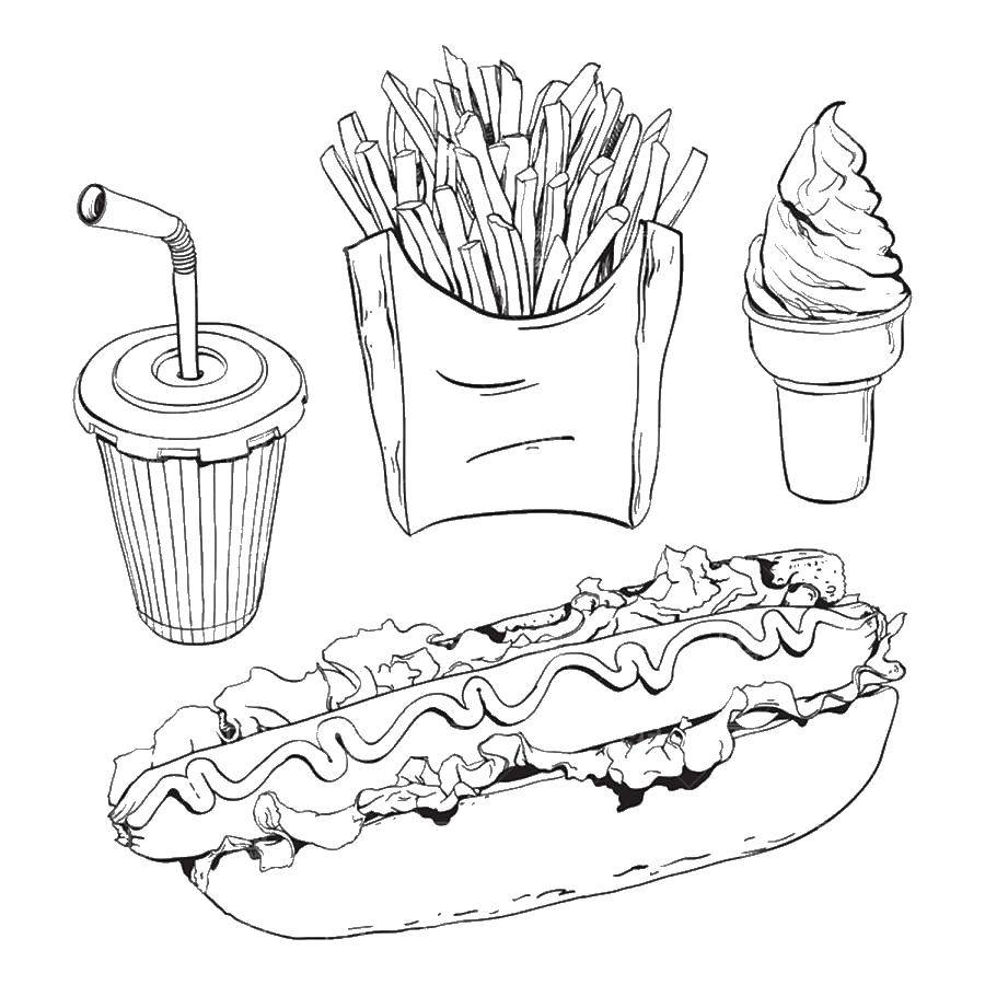 Название: Раскраска Разная еда. Категория: Еда. Теги: еда, гамбургер, бургер, фастфуд.